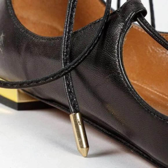 Aquazurra Christie Black Pointed Toe Leather Lace-Up Flats - Picture 8 of 10